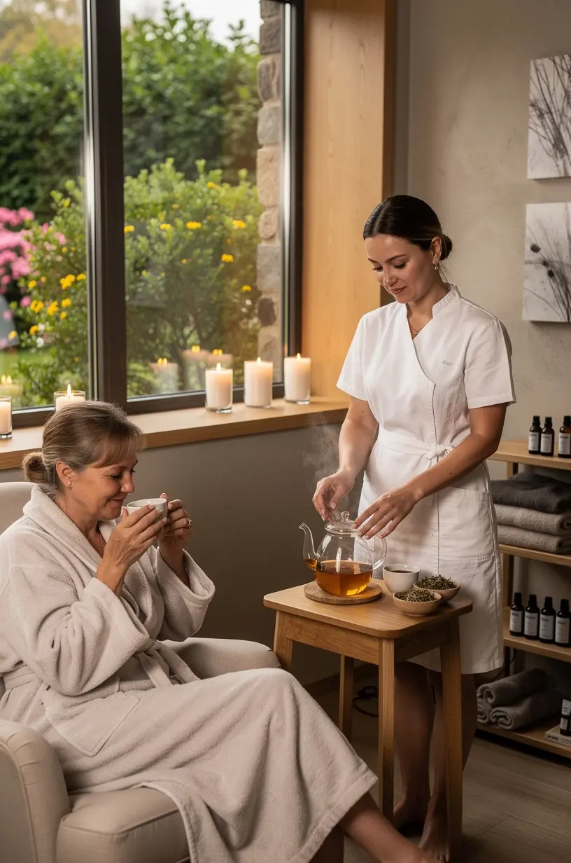 Atviras žurnalas su užrašais apie arbatos rūšis ir jų raminamąjį poveikį ant medinio stalo.