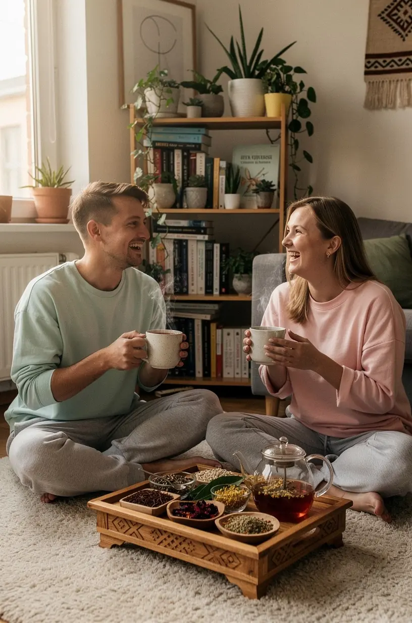 Žolelių arbatos ceremonijos akimirka, kurioje matyti lėtas ir sąmoningas arbatos gėrimas.