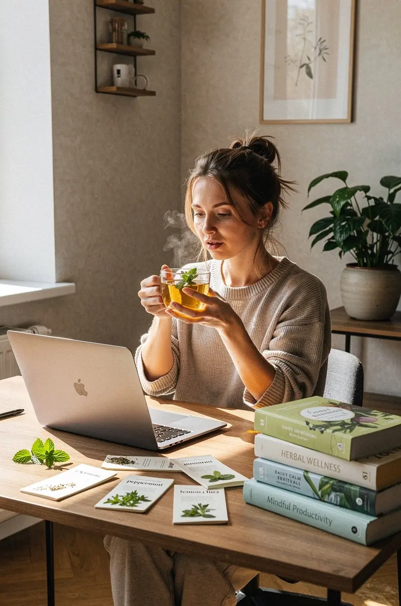 Atpalaiduojanti moteris ramiai geria žolelių arbatą jaukioje namų aplinkoje.