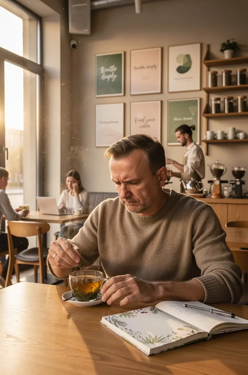 Švelni rytinė šviesa apšviečia arbatos puodelį, kviečiantį į ramybės ir susikaupimo akimirką.